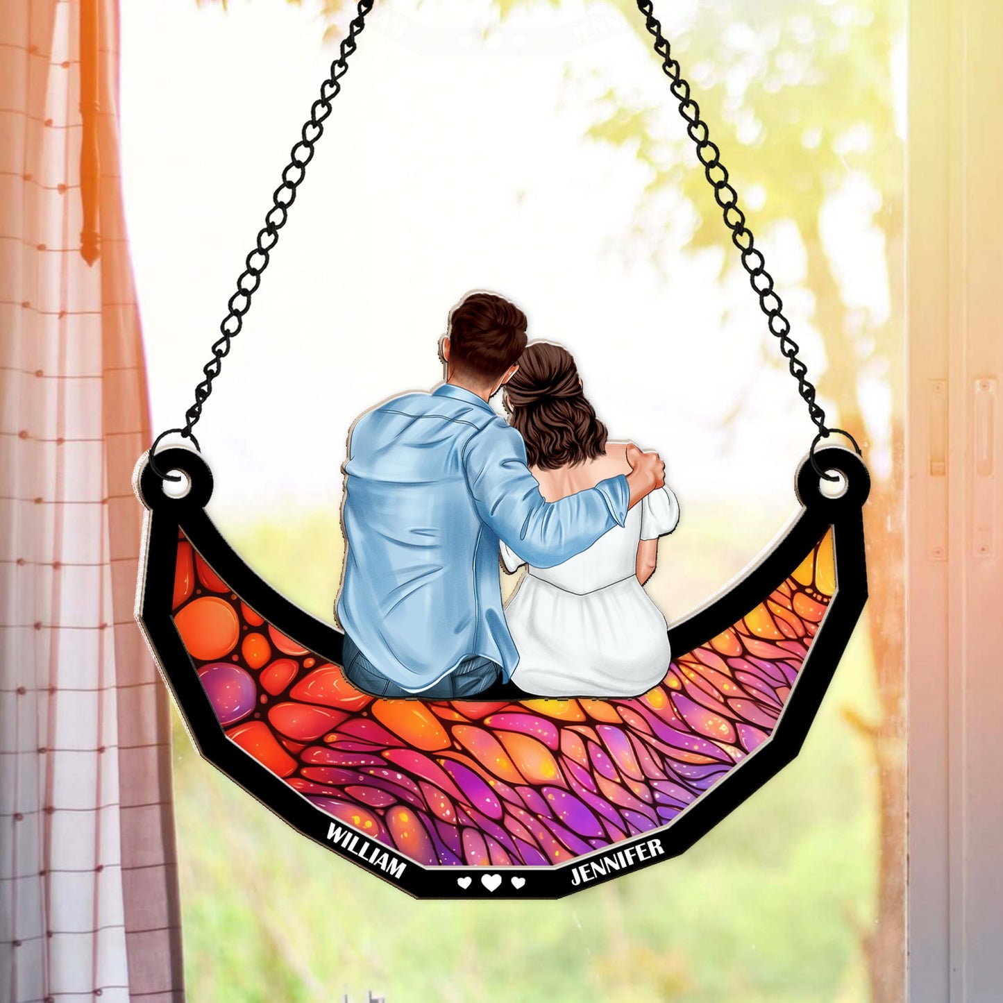 Couples Love, Sitting On The Moon - Personalized Window Hanging Suncatcher Ornament