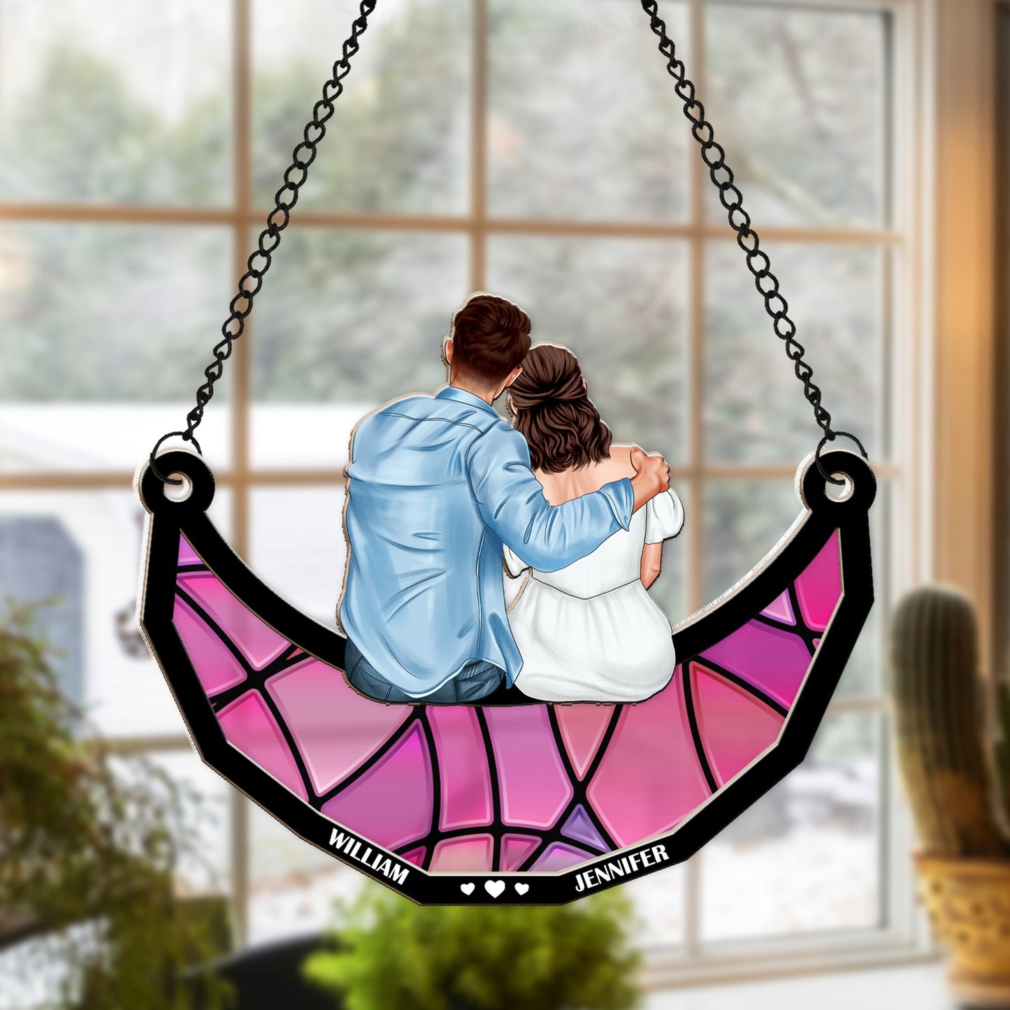 Couples Love, Sitting On The Moon - Personalized Window Hanging Suncatcher Ornament