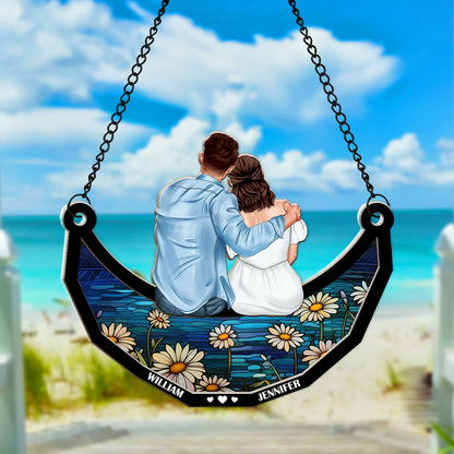 Couples Love, Sitting On The Moon - Personalized Window Hanging Suncatcher Ornament