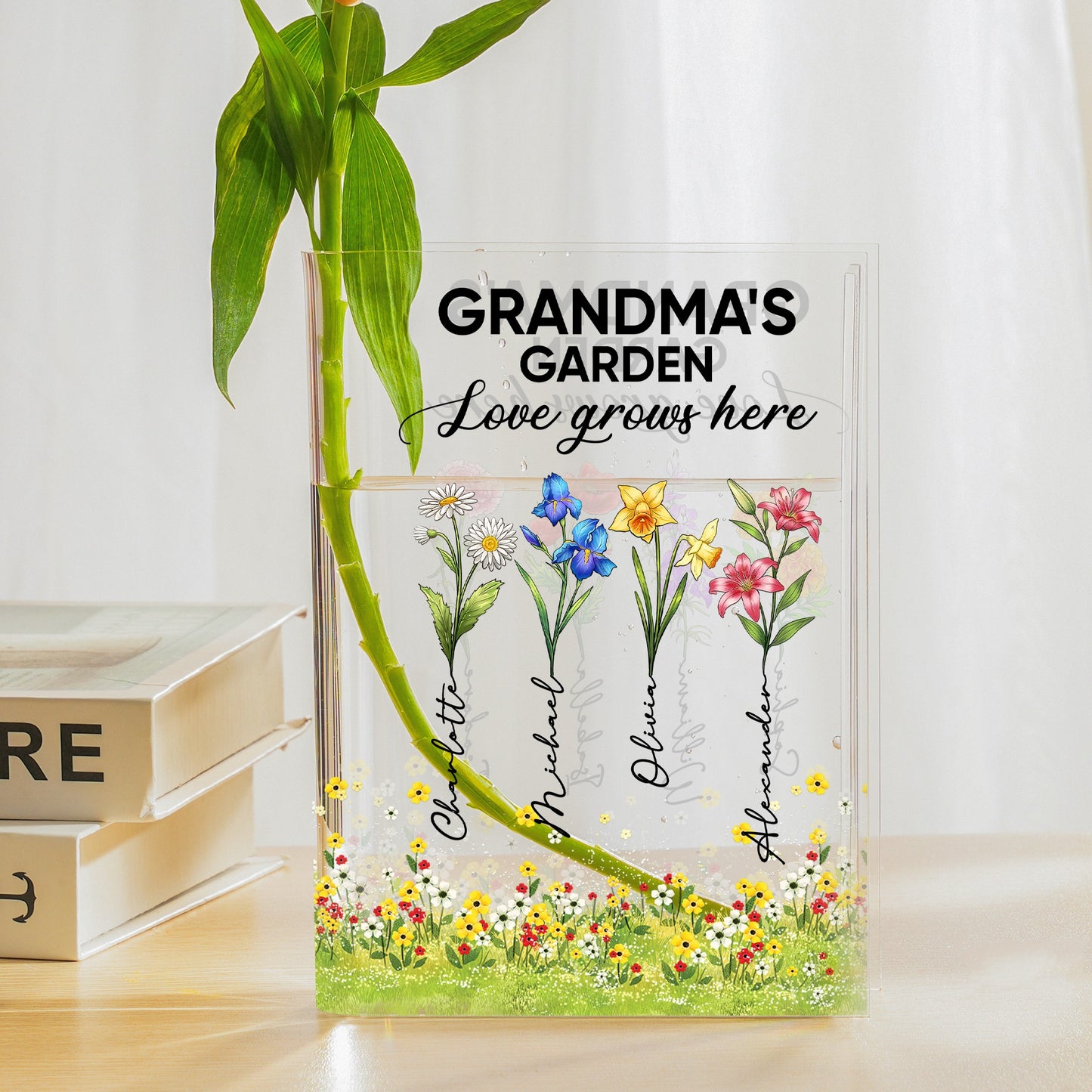 Custom Birth Flower Grandma's Garden Love Grows Here - Personalized Best Gift For Grandma Acrylic Book Vase