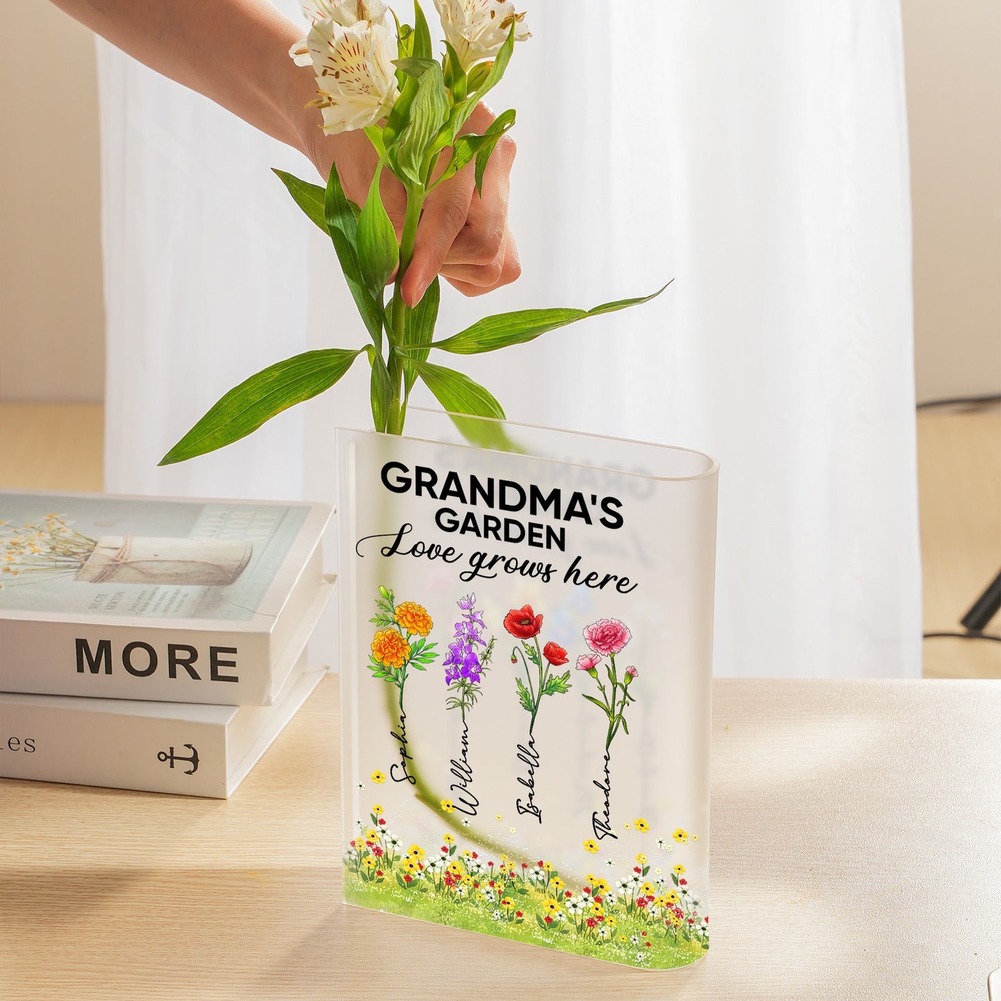 Custom Birth Flower Grandma's Garden Love Grows Here - Personalized Best Gift For Grandma Acrylic Book Vase