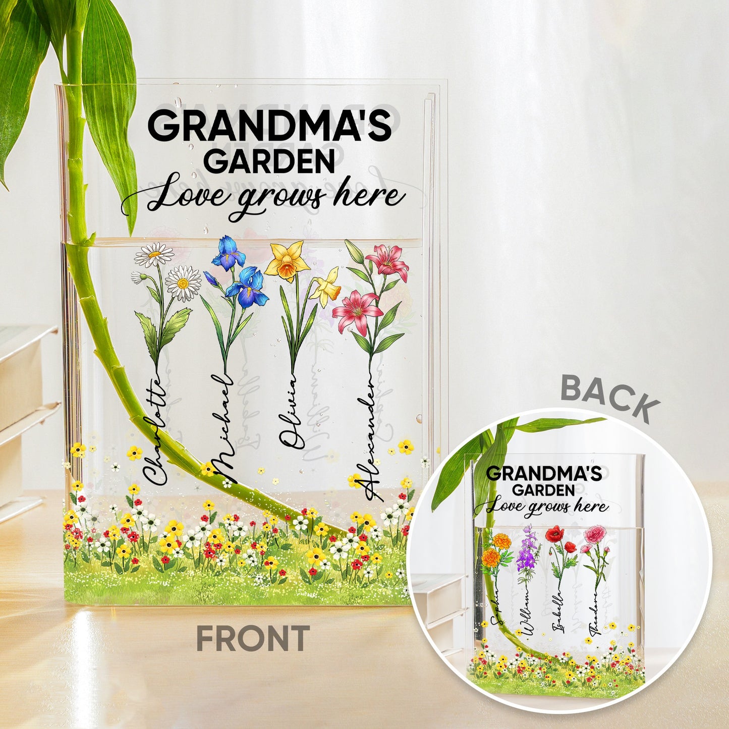 Custom Birth Flower Grandma's Garden Love Grows Here - Personalized Best Gift For Grandma Acrylic Book Vase