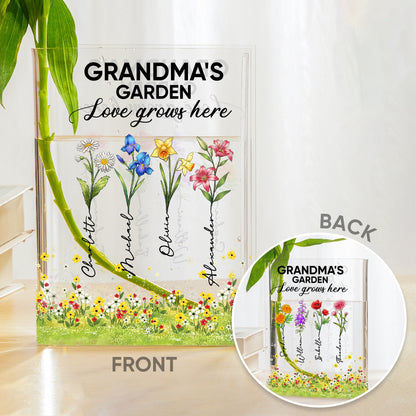 Custom Birth Flower Grandma's Garden Love Grows Here - Personalized Best Gift For Grandma Acrylic Book Vase