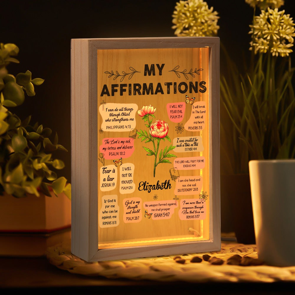 Custom Birth Flower, Bible Verse Affirmation I Can Do All Things Through Christ - Personalized Christian Frame Light Box