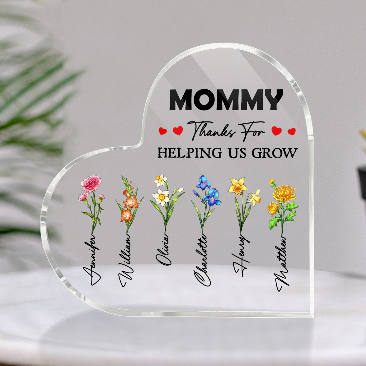 Custom Birth Month Flower, Thanks For Helping Us Grow - Personalized Gift For Mom Heart Acrylic Plaque