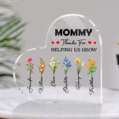 Custom Birth Month Flower, Thanks For Helping Us Grow - Personalized Gift For Mom Heart Acrylic Plaque