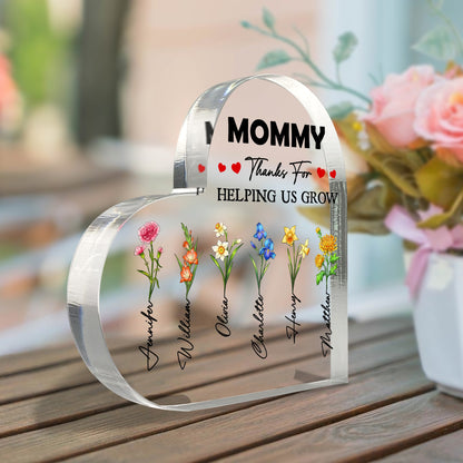 Custom Birth Month Flower, Thanks For Helping Us Grow - Personalized Gift For Mom Heart Acrylic Plaque