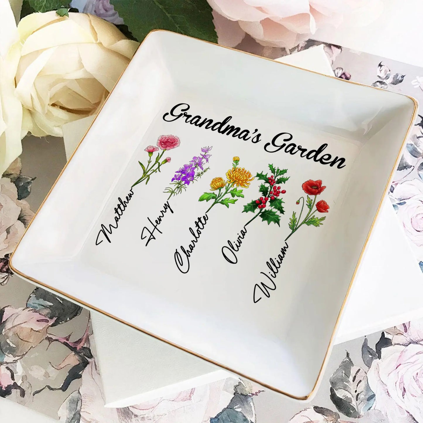 Custom Birth Month Flowers Grandma's Garden - Mother's Day Gift - Personalized Gift For Grandma Jewelry Dish