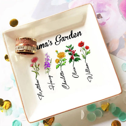 Custom Birth Month Flowers Grandma's Garden - Mother's Day Gift - Personalized Gift For Grandma Jewelry Dish