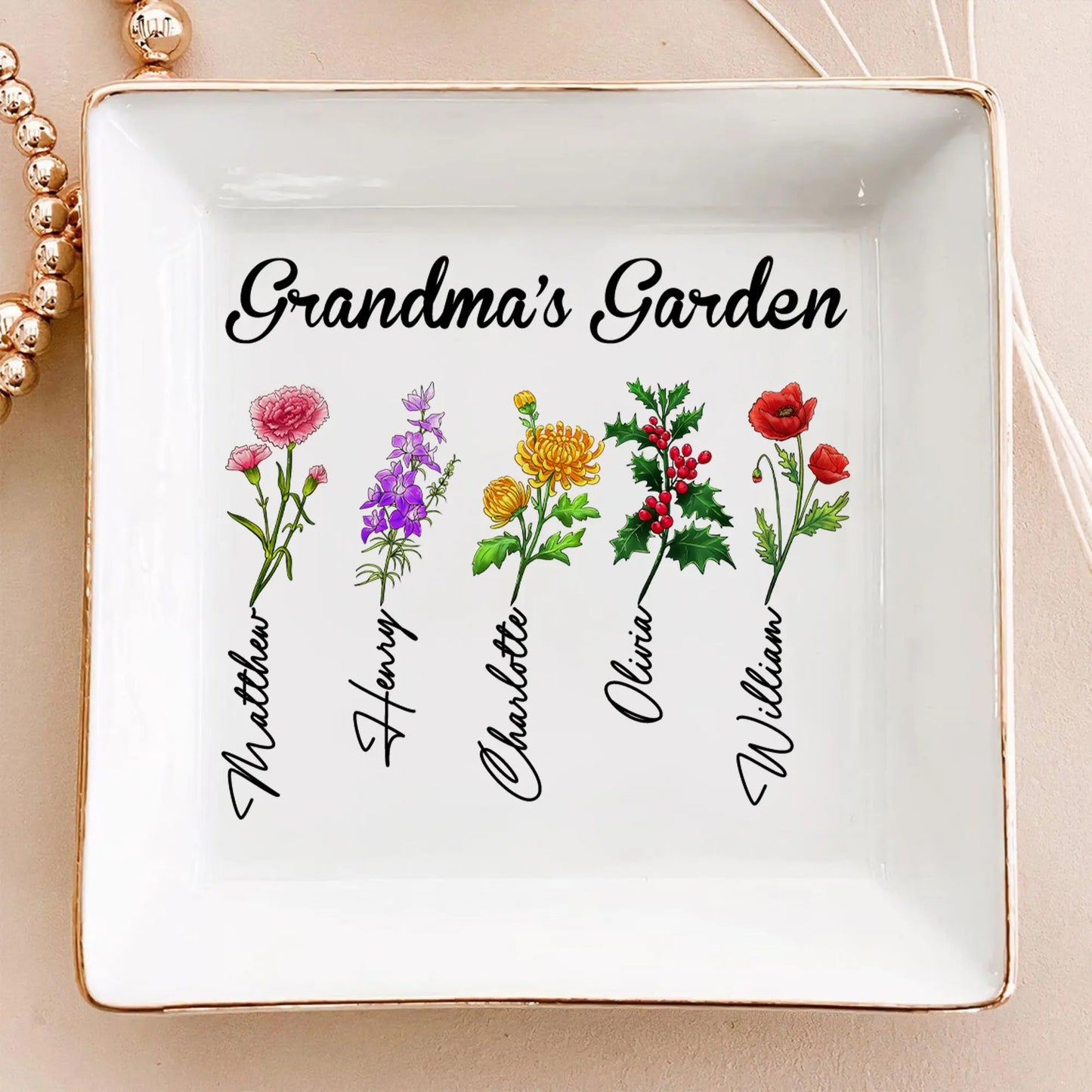 Custom Birth Month Flowers Grandma's Garden - Mother's Day Gift - Personalized Gift For Grandma Jewelry Dish