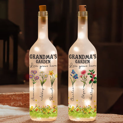 Custom Birth Month Flowers Grandma's Garden Love Grows Here - Personalized Gift For Grandma Bottle Lamp