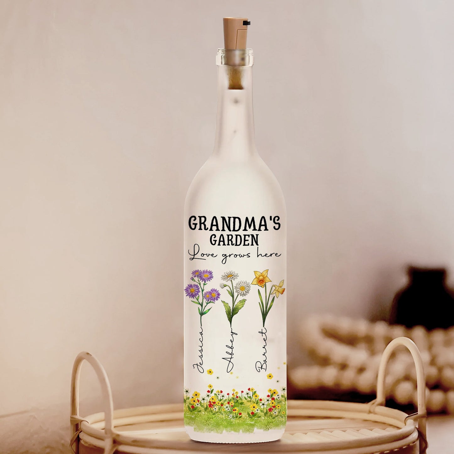 Custom Birth Month Flowers Grandma's Garden Love Grows Here - Personalized Gift For Grandma Bottle Lamp