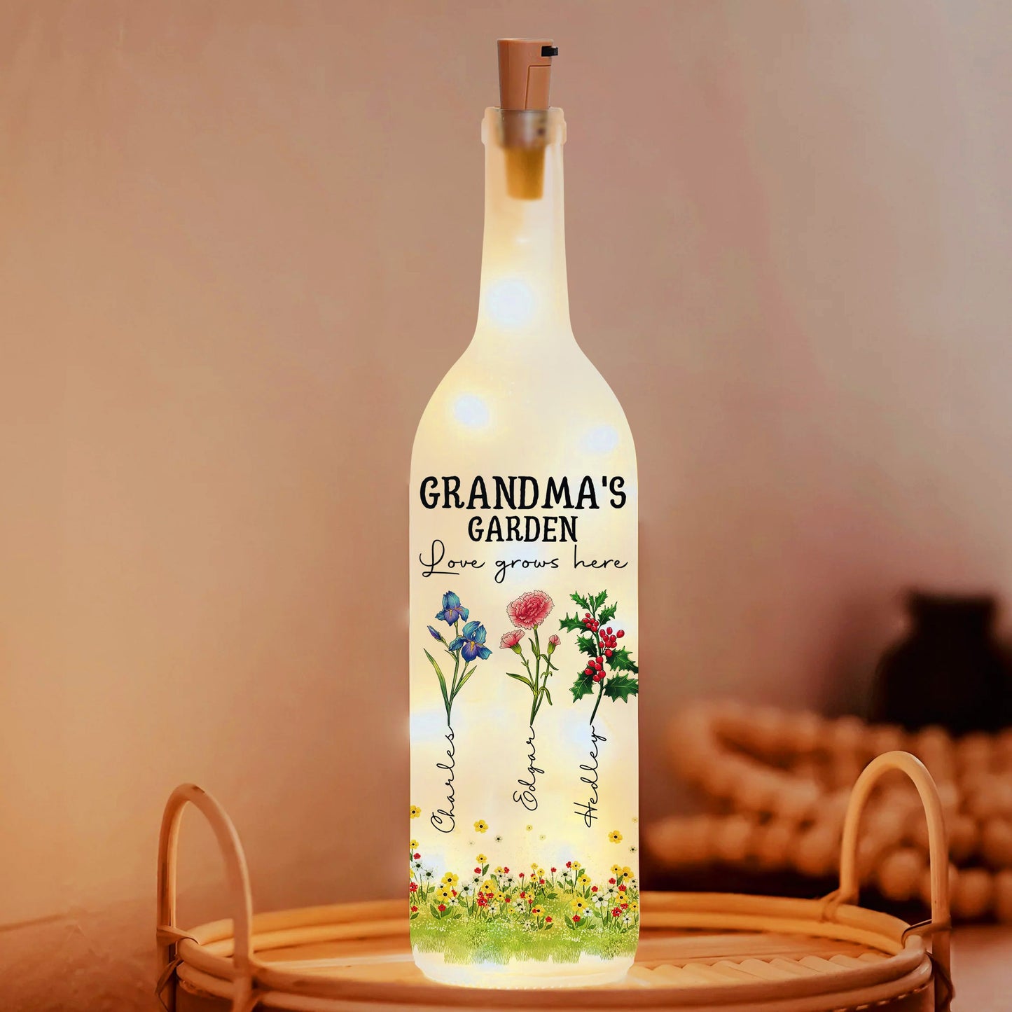 Custom Birth Month Flowers Grandma's Garden Love Grows Here - Personalized Gift For Grandma Bottle Lamp