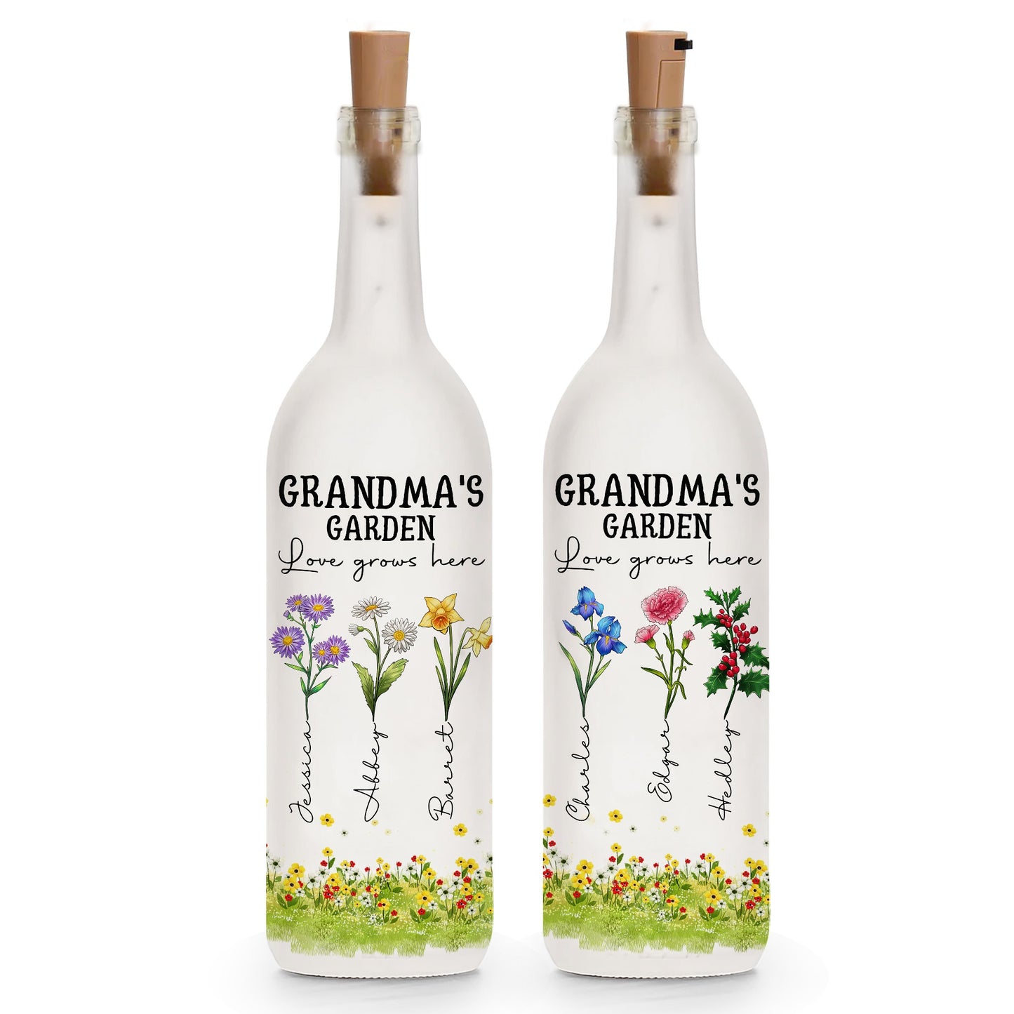 Custom Birth Month Flowers Grandma's Garden Love Grows Here - Personalized Gift For Grandma Bottle Lamp
