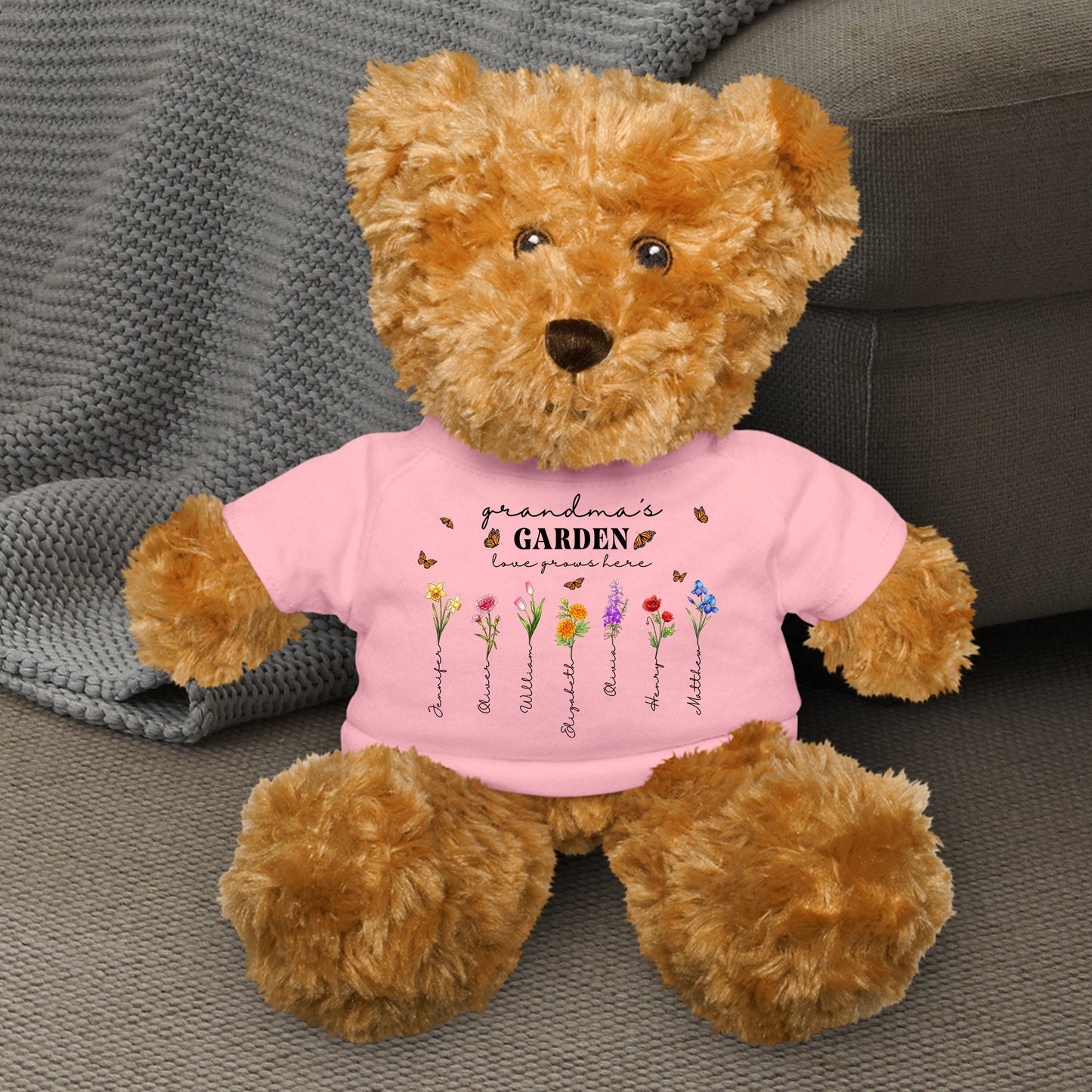Custom Birth Month Flowers Grandma’s Garden Love Grows Here - Teddy Bear With Personalized Shirt