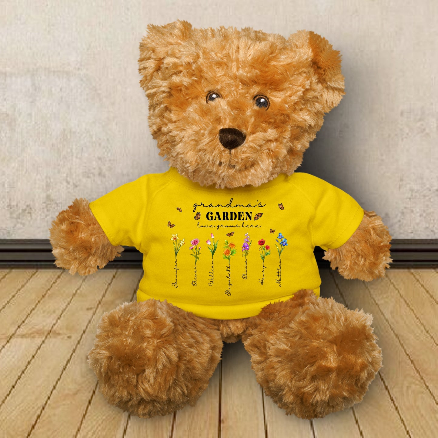 Custom Birth Month Flowers Grandma’s Garden Love Grows Here - Teddy Bear With Personalized Shirt