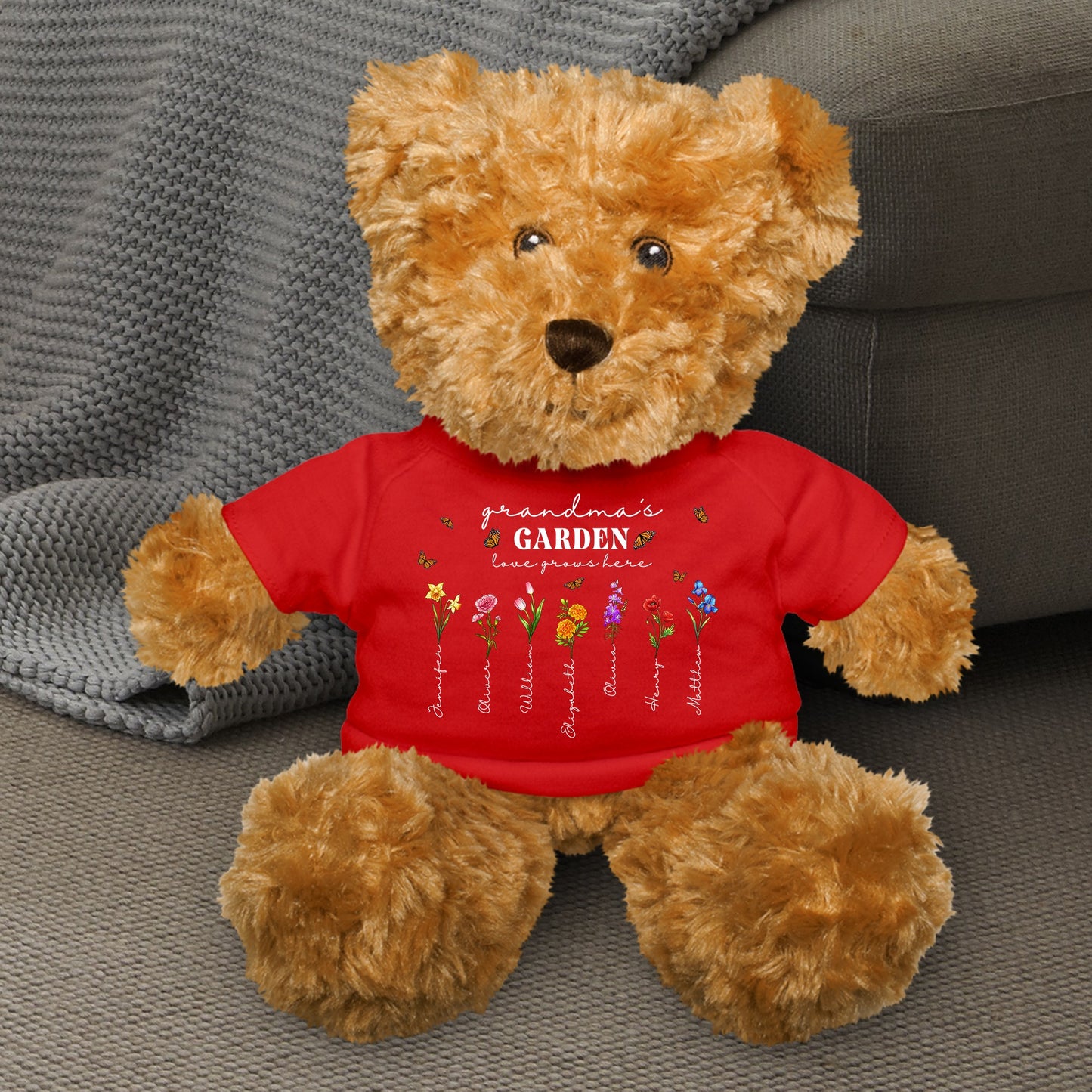 Custom Birth Month Flowers Grandma’s Garden Love Grows Here - Teddy Bear With Personalized Shirt
