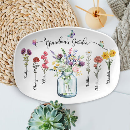 Custom Birth Month Flowers Grandma's Garden Platter, Gift For Grandma - Personalized Birth Flower Platter