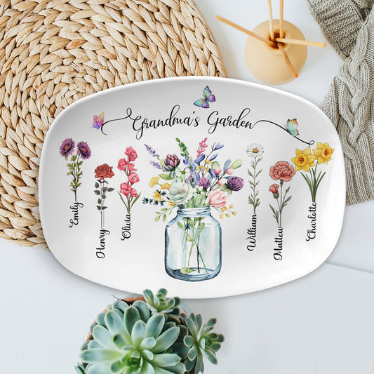 Custom Birth Month Flowers Grandma's Garden Platter, Gift For Grandma - Personalized Birth Flower Platter