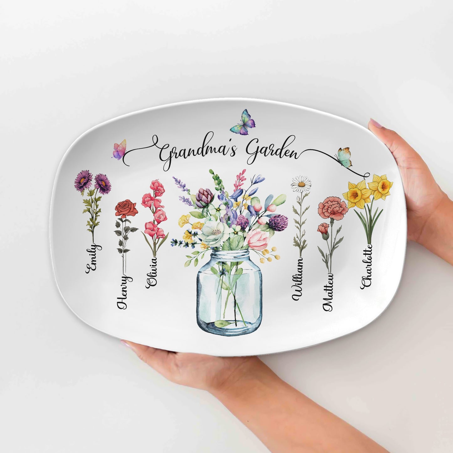 Custom Birth Month Flowers Grandma's Garden Platter, Gift For Grandma - Personalized Birth Flower Platter