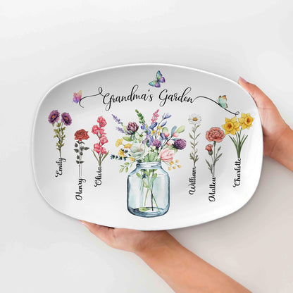 Custom Birth Month Flowers Grandma's Garden Platter, Gift For Grandma - Personalized Birth Flower Platter