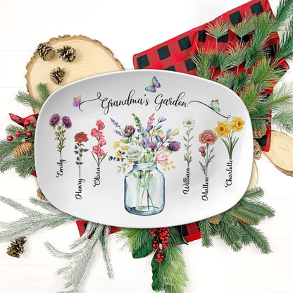 Custom Birth Month Flowers Grandma's Garden Platter, Gift For Grandma - Personalized Birth Flower Platter