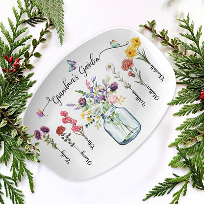 Custom Birth Month Flowers Grandma's Garden Platter, Gift For Grandma - Personalized Birth Flower Platter