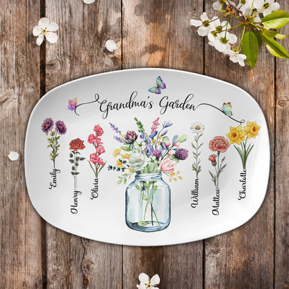 Custom Birth Month Flowers Grandma's Garden Platter, Gift For Grandma - Personalized Birth Flower Platter