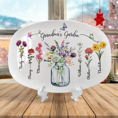 Custom Birth Month Flowers Grandma's Garden Platter, Gift For Grandma - Personalized Birth Flower Platter