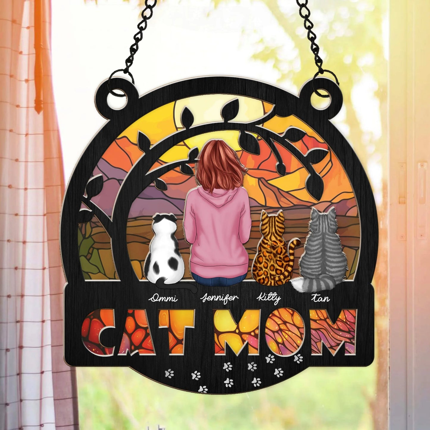 Custom Cat Mom Suncatcher - Personalized Window Hanging Suncatcher Ornament