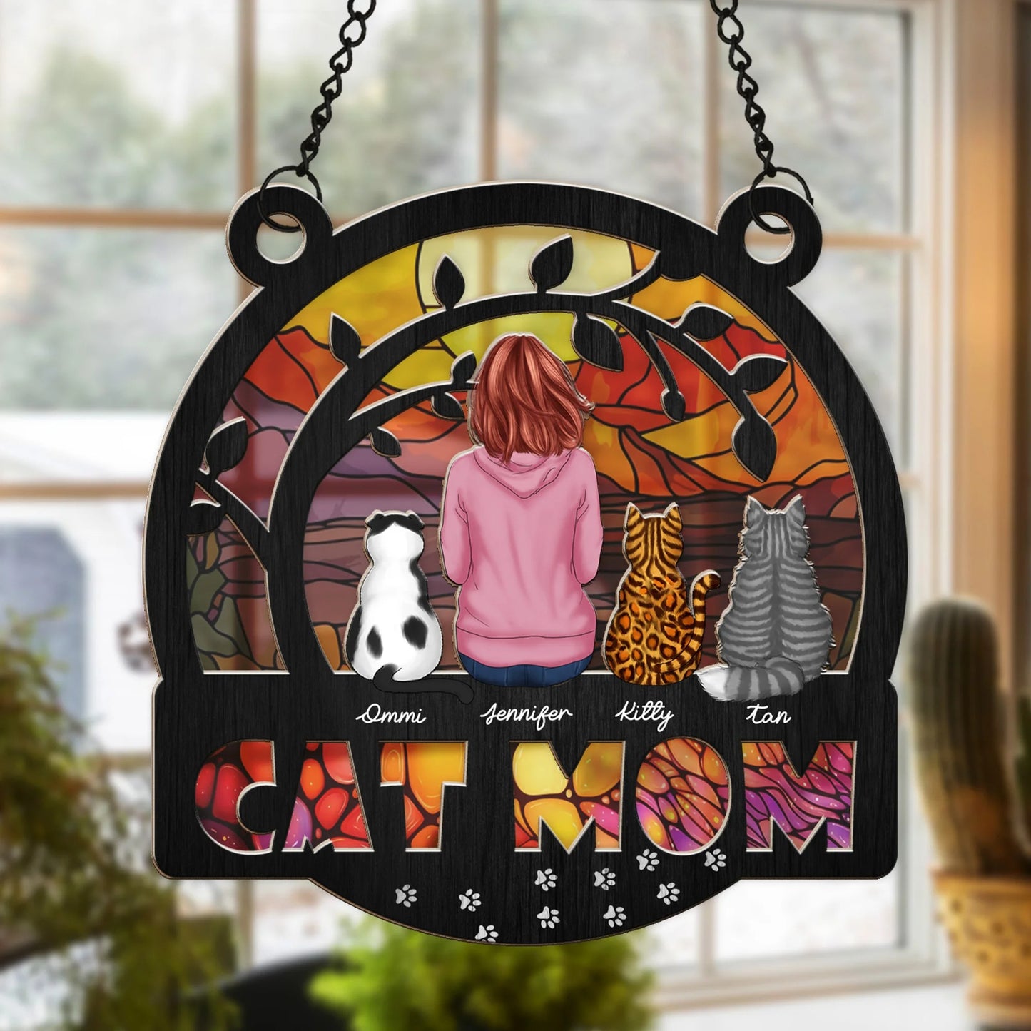 Custom Cat Mom Suncatcher - Personalized Window Hanging Suncatcher Ornament