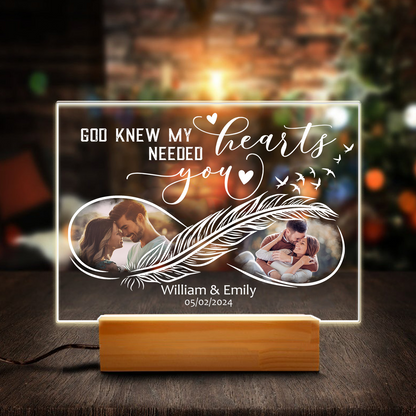 Custom Couple Photo, God Knew My Heart Needed You - Personalized Valentine's Day Acrylic Plaque LED Light Night