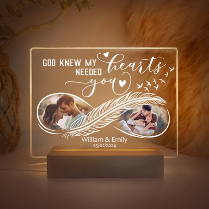 Custom Couple Photo, God Knew My Heart Needed You - Personalized Valentine's Day Acrylic Plaque LED Light Night