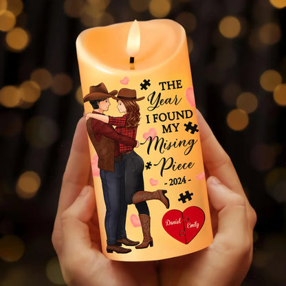 Custom Cowboy Couple LED Candle, The Year I Found My Missing Piece - Personalized Couple Led Candle