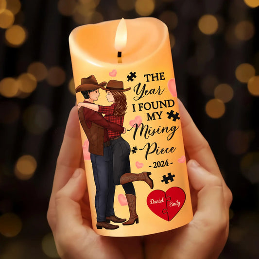 Custom Cowboy Couple LED Candle, The Year I Found My Missing Piece - Personalized Couple Led Candle