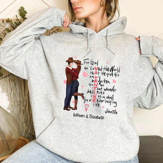 Custom Cowboy Couple, For God So Loved The World John 3:16 - Personalized God's Valentine Hoodie