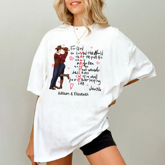 Custom Cowboy Couple, For God So Loved The World John 3:16 - Personalized God's Valentine T-Shirt