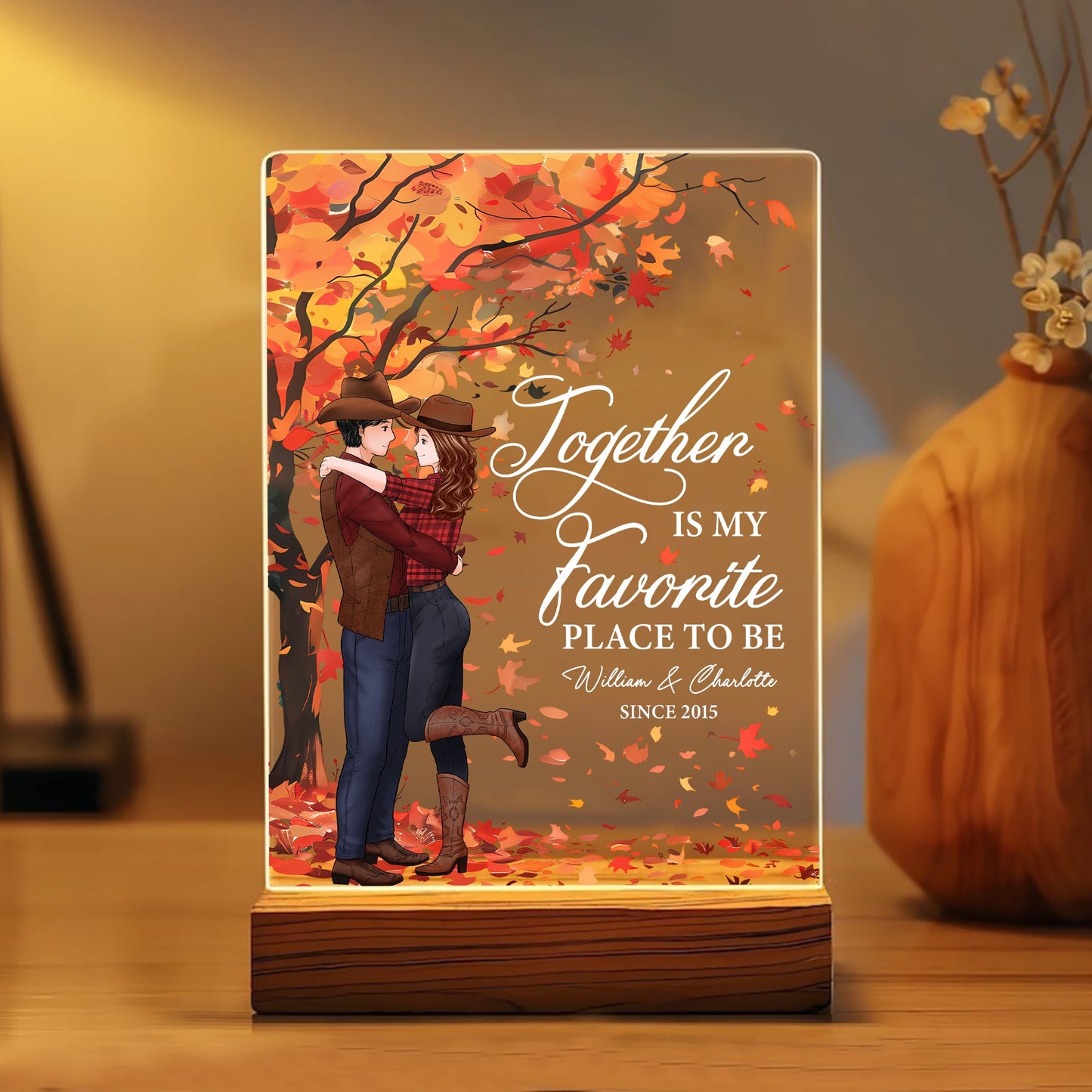 Custom Cowboy Couple, Together Is My Favorite Place To Be - Personalized Valentine’s Day Acrylic Plaque LED Light Night