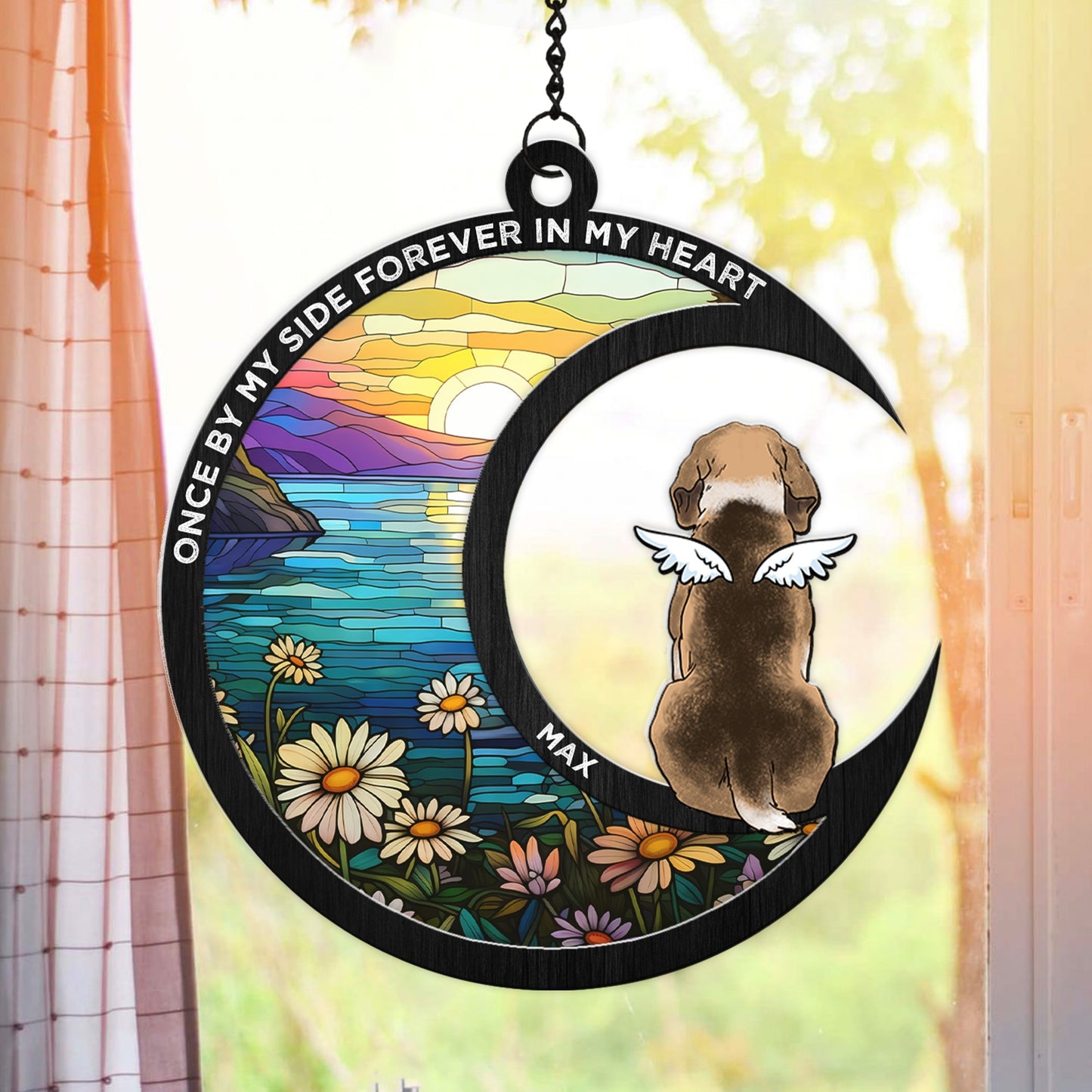 Custom Dog Memorial Once By My Side Forever In My Heart - Personalized Memorial Suncatcher Ornament