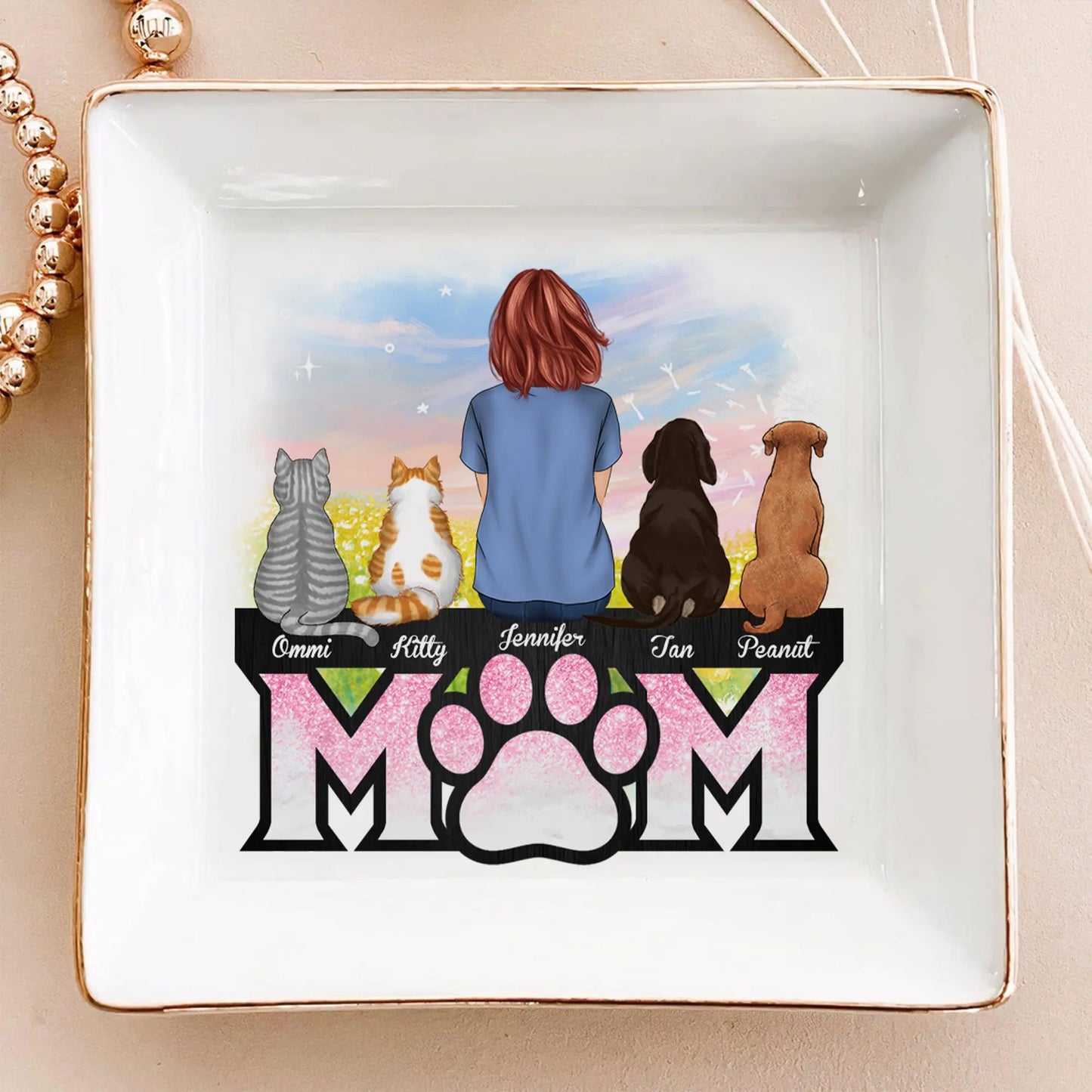 Custom Dog and Cat Mom Keepsake Dish, Personalized Pet Mom Jewelry Dish