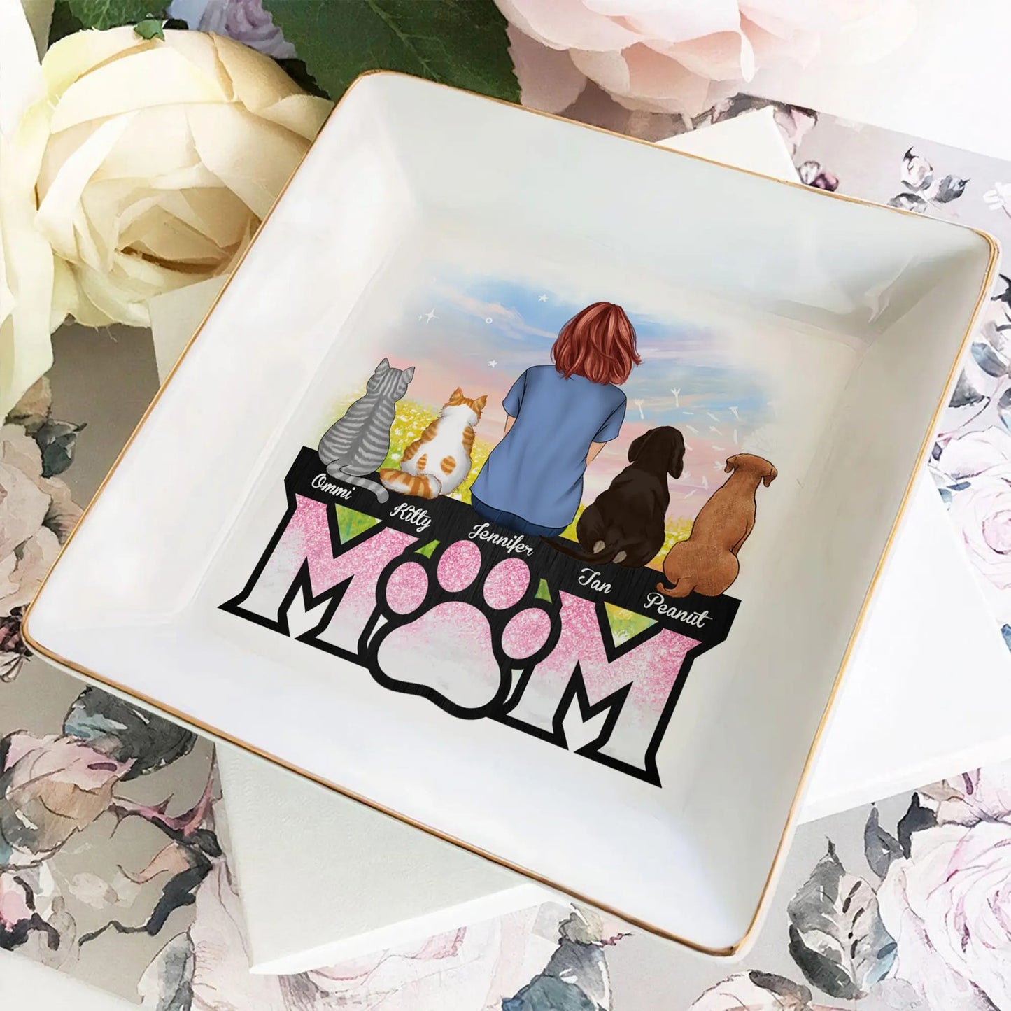 Custom Dog and Cat Mom Keepsake Dish, Personalized Pet Mom Jewelry Dish