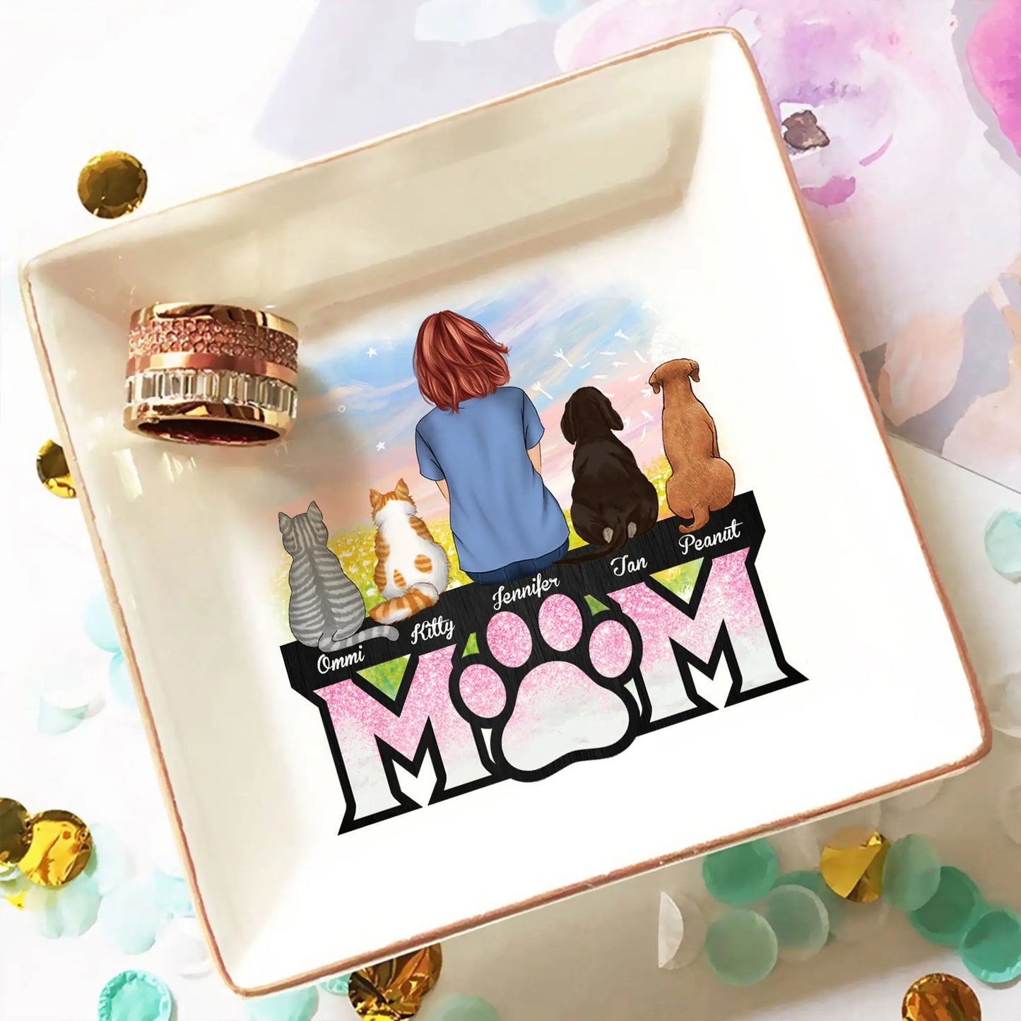 Custom Dog and Cat Mom Keepsake Dish, Personalized Pet Mom Jewelry Dish