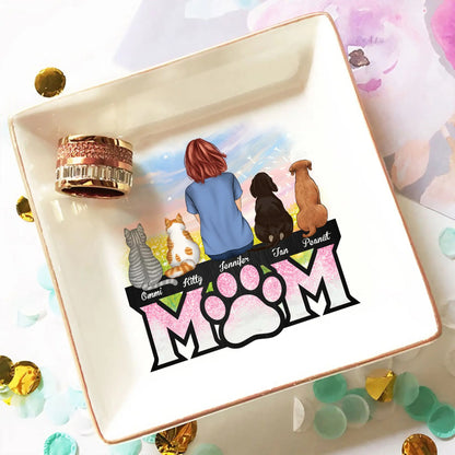 Custom Dog and Cat Mom Keepsake Dish, Personalized Pet Mom Jewelry Dish