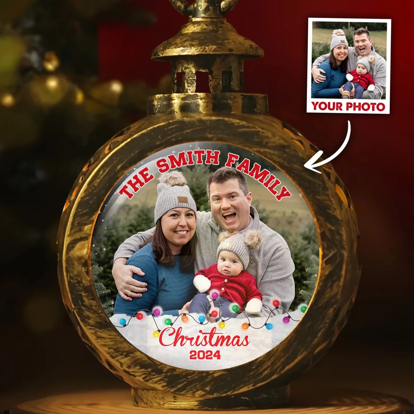 Custom Family Photo Christmas, Personalized Family Christmas Candlelight Lantern Ornament