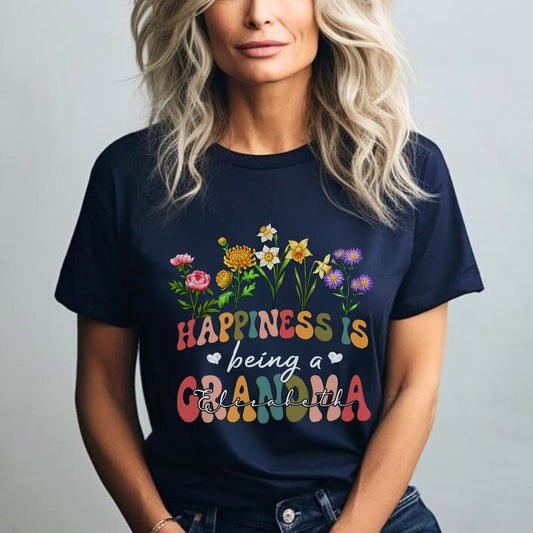 Custom Flower Happiness Is Being A Grandma - Personalized Funny Gifts For Grandma T-Shirt