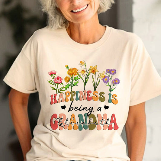Custom Flower Happiness Is Being A Grandma - Personalized Gift For Grandma T-Shirt