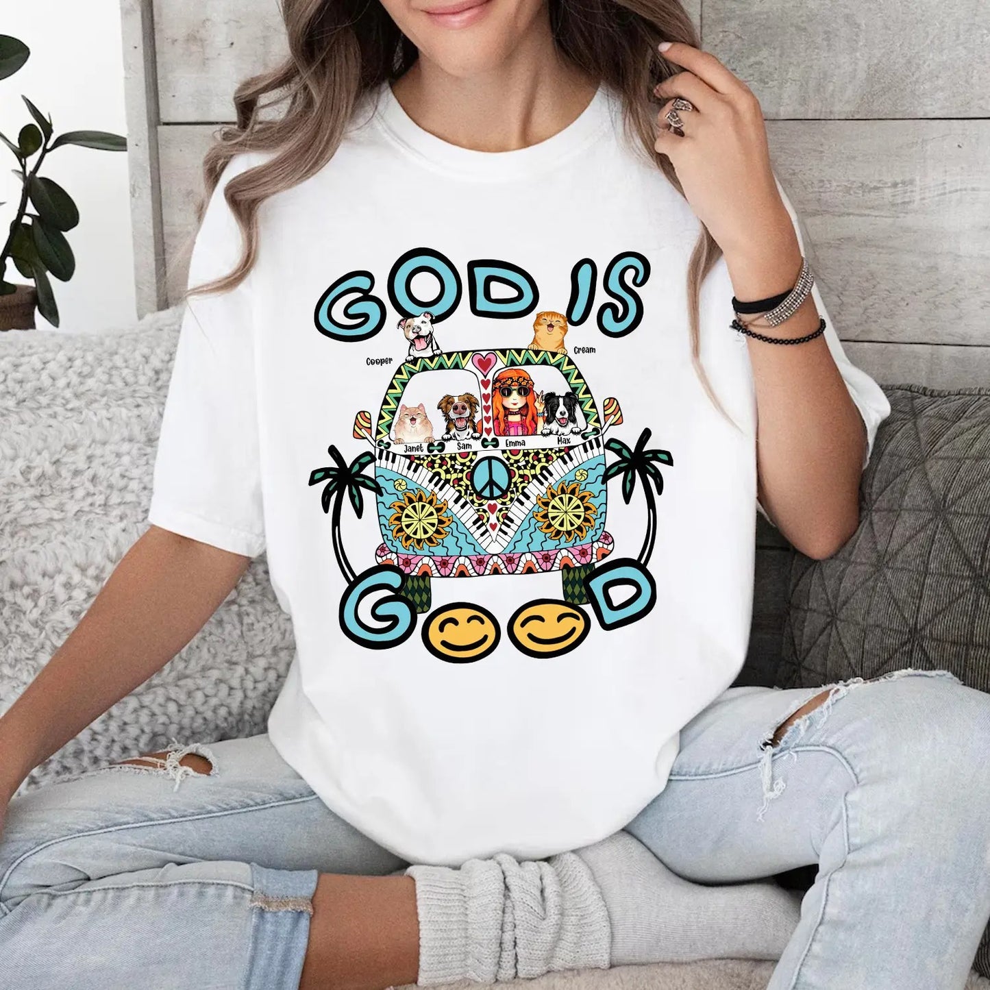 Custom Hippie Girl T-Shirt for Christian Pet Lover, God Is Good-Personalized Christian T-Shirt