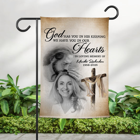 Custom Memorial Photo God Has You In His Keeping - Personalized Safe In Arms Of Jesus Garden Flag