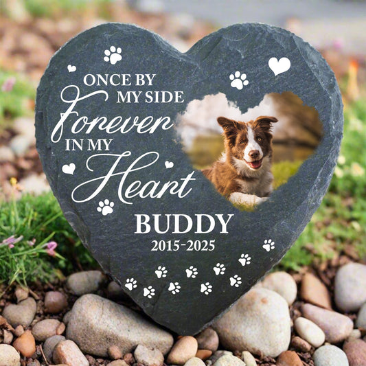 Custom Pet Photo, Once By My Side Forever In My Heart - Personalized Memorial Heart Garden Stone