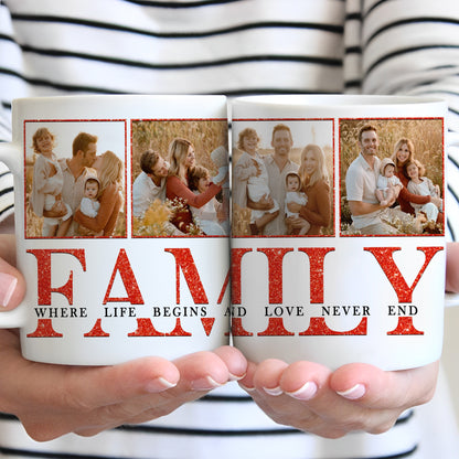 Custom Photo Family Where Life Begins and Love Never Ends - Personalized Family Photo Mug